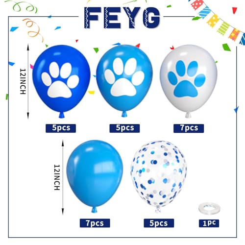 Image of Paw Balloons 12 Inch Paw Print Navy Blue Light Blue White Balloons | Dog Balloons with Confetti and Ribbon for Birthday Baby Shower Celebration Graduation Party Decorations