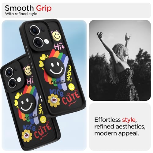 Image of Pikkme Back Cover for Oppo Reno 13 5G | Soft Silicone| Cute Rainbow Smile & 3D Cartoon Flower Design | Shockproof Raised Camera Protection Bumper Case (Black)