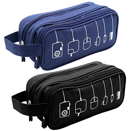 Honsky Gadget Organizer Bag: Universal Tech Travel Organizer, Electronics Organizer Storage Case Pouch for Cables Cords Chargers Power Bricks USB Computer Laptop Accessories, 2 Packs, Black/Blue