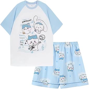 Womens Cartoon Pajamas Set 2 Piece Cotton Lounge Set Soft Sleepwear Nightwear with Short Sleeve T Shirt and Shorts