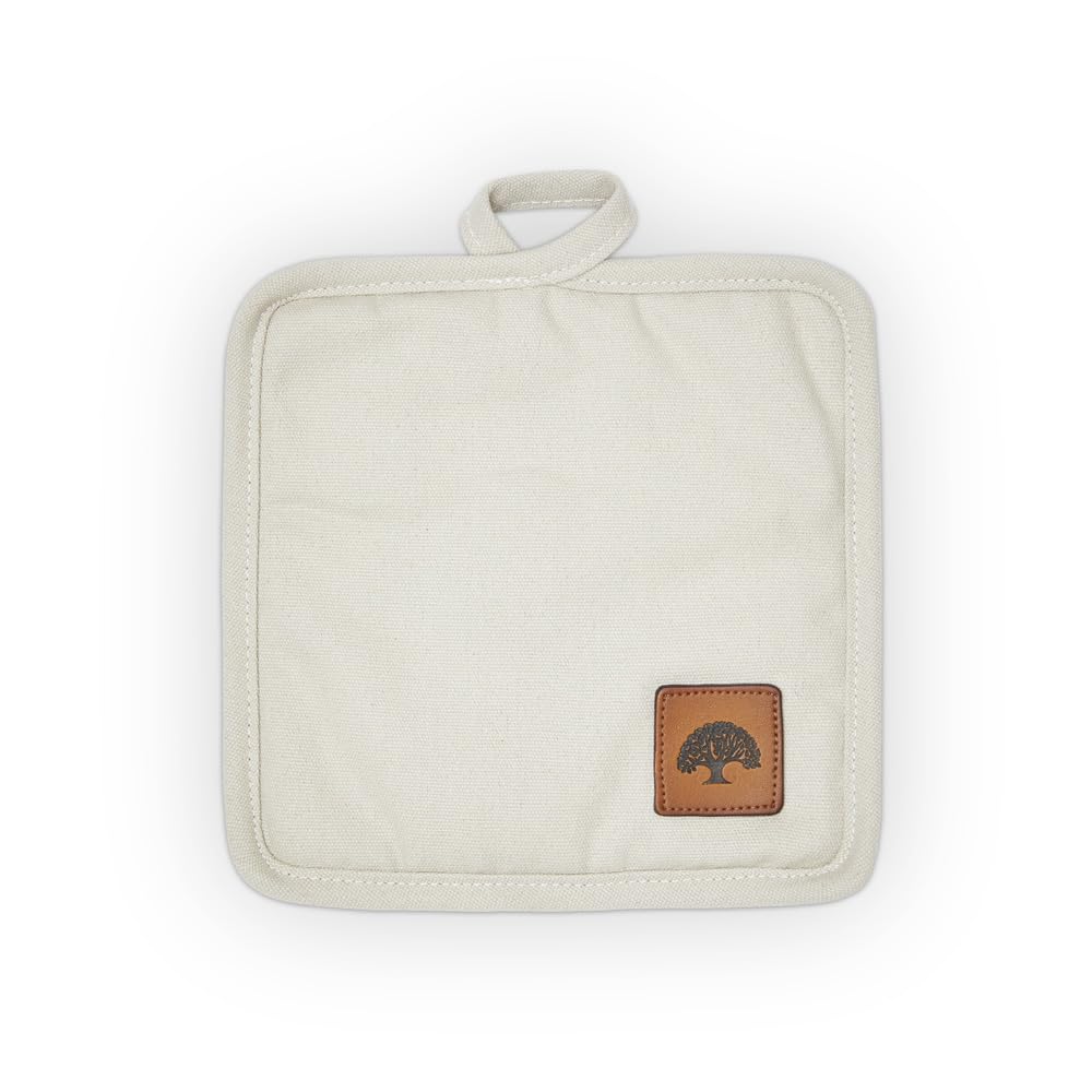 BO877006 Barbary & Oak Cotton Pot Holder with Leather Details, Hanging Loop, 20cm, Cream