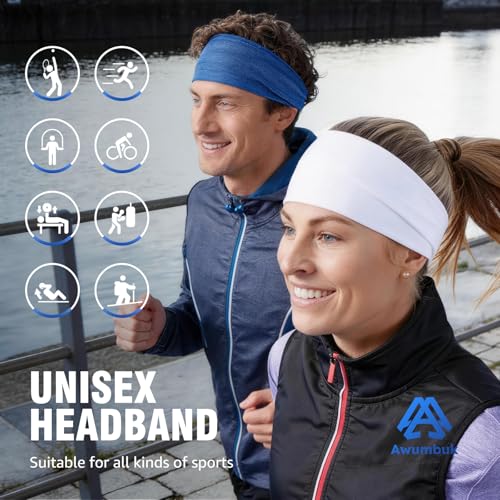 Image of AWUMBUK Sports Headbands for Men, Sweat Bands Headbands Men Absorbent Head Band Stretchy Sweatbands 5 Pack Hair Band Workout Football Running Cycling Fitness (Dark Blue)