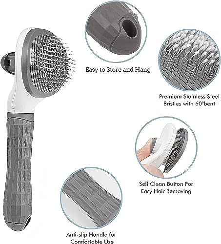 Image of Cat Brush for Shedding Dog Brush with Release Button Hair Comb, Cat Grooming Slicker Brushes Kit, Self Cleaning for Dog Pet, Cat Fur Brush for Long or Short Haired Cats Kitten Pets (Grey)