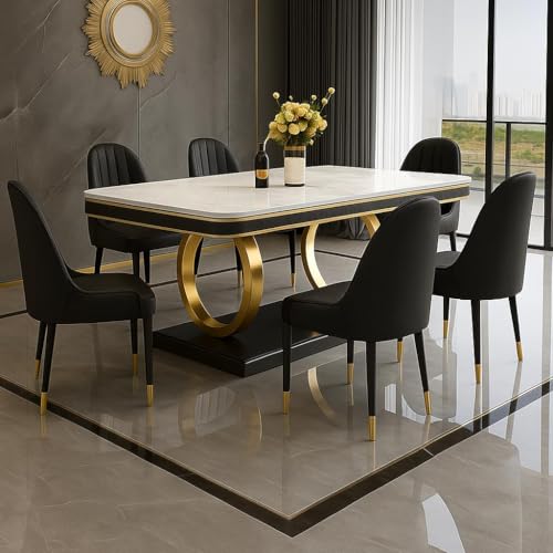 Image of 6-Seater Dining Table with Nano Composite Marble Top and PVC Golden Wooden Base |2yr Warranty - Includes 6 Fabric Upholstered Chairs (Black, White Nano Composite Marble Top)