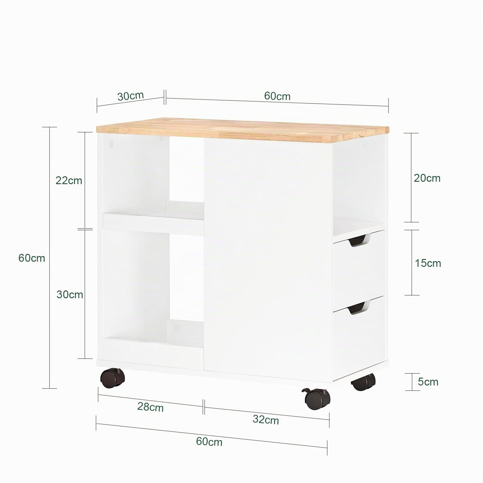 SoBuy Supporto per Stampante con Ruote – Mobiletto per Stampante con Cassetti e Vani, Tavolino Multifunzionale per Ufficio e Home Office, L60xP30xH60 cm, FBT130-WN