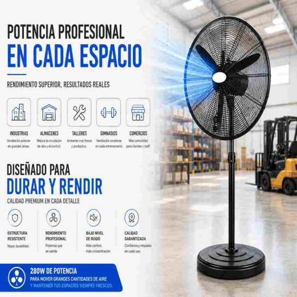 Bilake Ventilador de Pie Industrial Tormenta Metal | Altura Regulable 155-185cm | Motor AC 3 Velocidades | Oscilante y Fijo | Cabezal Orientable | Talleres y Naves (280W | 81Ø cm)