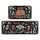 Vintage Halloween Kitchen Rugs and Mats Set of 2,Scary Halloween Pumpkin Skeleton Ghost Floor Mats,Non-Slip Washable Anti-Fatigue Kitchen Floor Mats for Kitchen Halloween Decor 17x30+17x47In