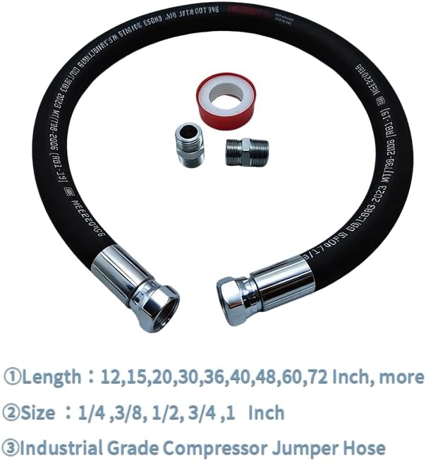 Industrial Grade Compressor Jumper Hose 1/2" NPT Male x 20" Length,Rubber Air Hose with Both Sides 360°Swivel Fittings,2028 PSI & 320°F High Temp & Pressure Resistance for Compressed Air Systems
