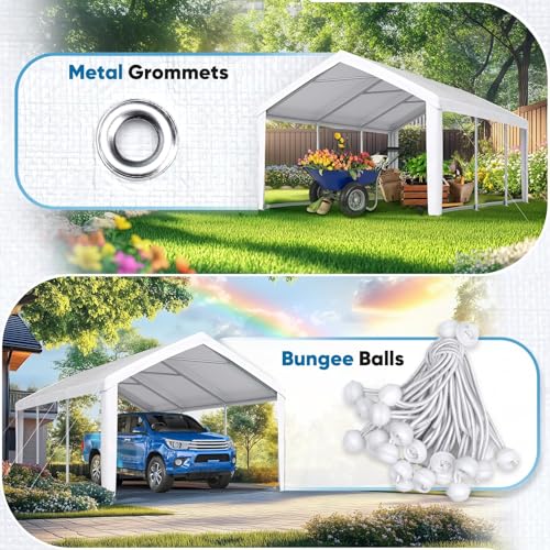 Image of ADVANCE OUTDOOR 10x20 ft Carport Replacement Top Cover w /Leg Cloth, Heavy Duty Waterproof & UV Protected, Easy Installation with Ball Bungees, White, Roof Only