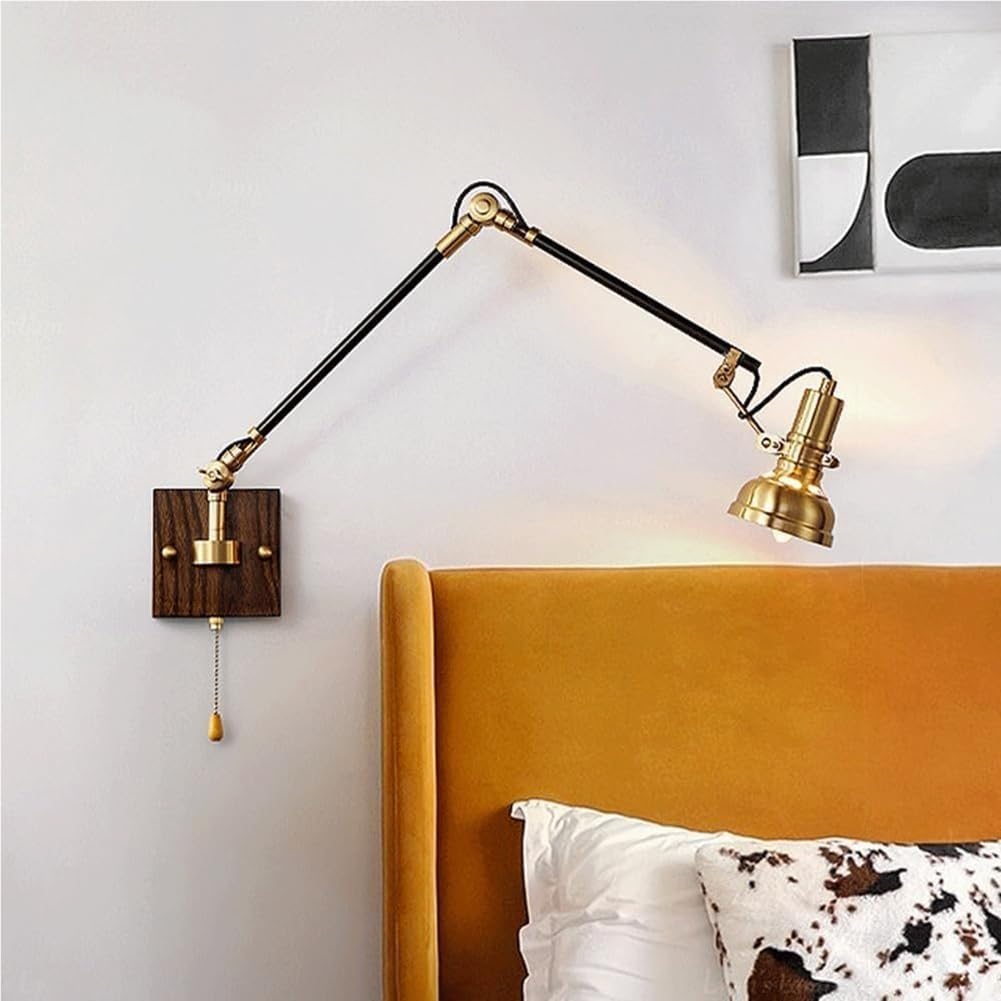 Holz Retro Wandleuchte Verstellbar Langer Arm mit Schalter, Messing Wandlampe Innen Schwenkarm Wand Leselampe, Flexible Drehbar Wandbeleuchtung Gold Rustikale Wohnzimmerlampe 30cm+30cm