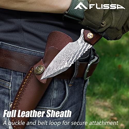 Flissa Damascus Hunting Knife, 8-1/2 Inch Fixed Blade Knife With Leather Sheath, Full-Tang Construction Survival Knife With Rosewood Handle For Camping, Hiking, Great Gifts For Husband, Wife, Mom And Dad #TOP5