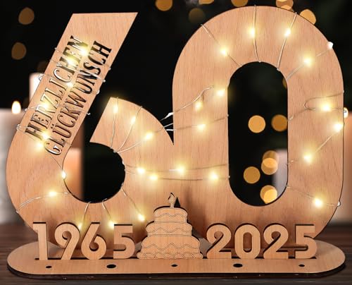 Giftota - 2025 Originelle 60 Geburtstag Geschenk Frauen & Männer - 60 Diamantene Hochzeit - Geldgeschenke Geburtstag 60 mit LED Lichterkette Ständer - Holz-Schild Gästebuch - 60 Geburtstag Deko
