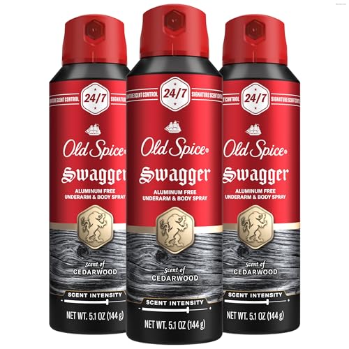 Old Spice Aluminum Free Body Spray for Men, 24/7 Signature Scent & Lasting Freshness, All-Day Odor Protection, Easy Application, Swagger with Cedarwood, Apple, & Fresh Herbs Scent, 5.1 oz (Pack of 3)