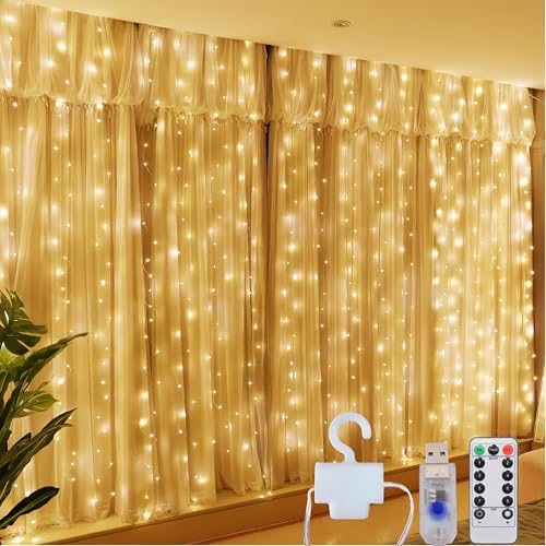 Clearhill 3 * 3Curtain String Lights 300LEDWarm8 Modes Fairy Hanging Lights with Remote & Timer USB Operated Waterproof for Indoor/Outdoor Decorations - Bedroom Wedding Party
