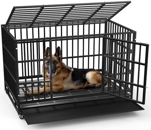LEMBERI 48 Inch Heavy Duty Indestructible Dog Crate, Escape Proof Double Door Dog Kennel with Lockable Wheels, High Anxiety Extra Large Dog Cage Indoor Use, with Removable Tray