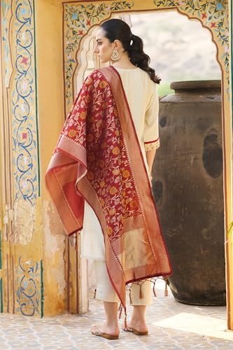Image of VredeVogel Women's Embroidered Chanderi Silk Jacquard Straight Kurta Pant Set with Dupatta | Perfect for Festive & Casual Ethnic Wear Kurta Set