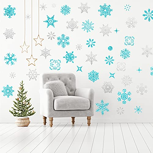 9 Sheets Snowflakes Wall Decal Silver Blue and Pink Christmas Window Clings Winter Frozen Theme Decorations Stickers Removable Vinyl Snowflake Decals Christmas Wall Stickers for Living Room Bedroom