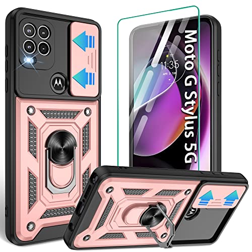 Gritup for Moto G Stylus 5G-2021 Case with Slide Camera Cover | 1*Pack HD Screen Protectors | 360° Rotating Metal Kickstand | MIL-Grade Shockproof Protection,Rose Gold - image 1