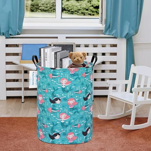 Image of Storage Bin, Canvas Fabric Collapsible Organizer Basket for Laundry Hamper,Toy Bins,Gift Baskets, Bedroom, Clothes,Baby Nursery (Round Mermaid)