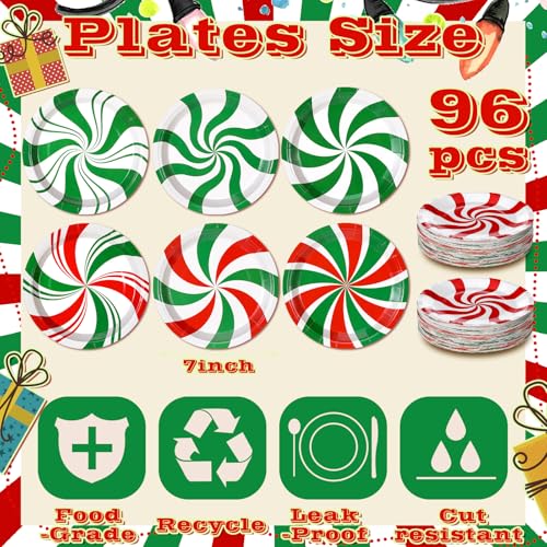 Image of Fourluoo 96 Pcs Christmas Paper Plates Disposable Red and Green Candy Christmas Dinner Plates for Xmas Birthday Party Decoration Supplies