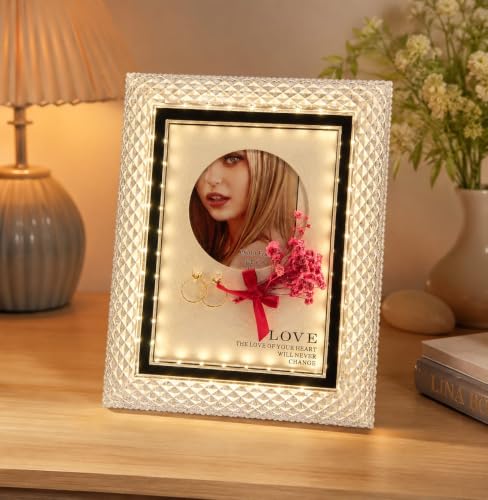 Image of LED Photo Frame with Built-in Warm White Light - Crystal Acrylic Glowing Picture Frame for 4x6 Inch Photos, USB Powered Elegant Desktop Decor for Home, Office, and Gifting