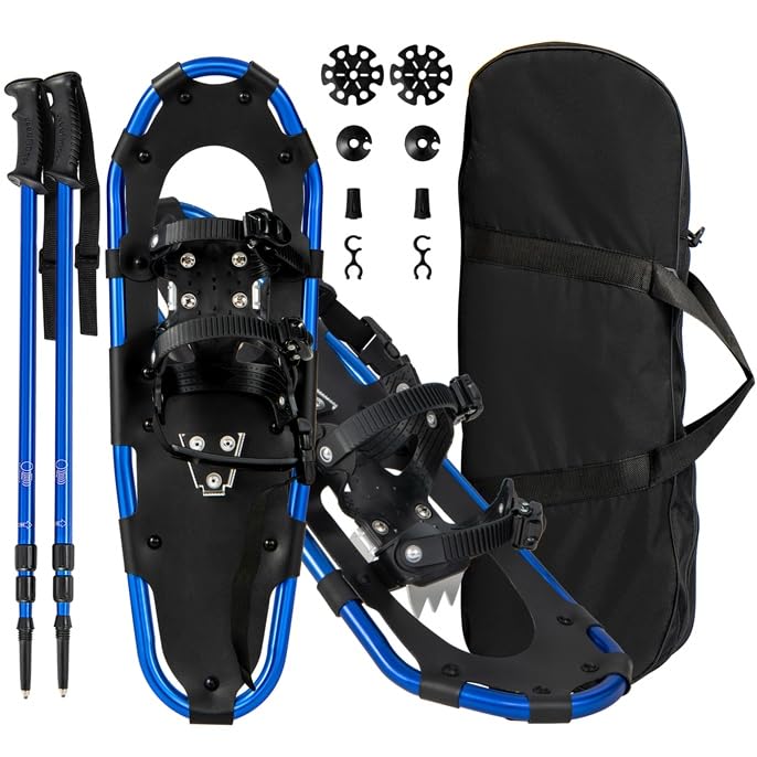 GOPLUS Raquetas de Nieve Ligeras de 53 cm/63 cm/78 cm, Raquetas de Nieve de Aluminio para Todo Terreno con Bastones Ajustables, Polainas Impermeables, Bolsa de Transporte (Azul,25 Pulgadas)
