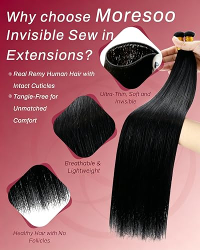 Image of Moresoo Genius Weft Hair Extensions Human Hair, Jet Black, 22 Inch 80g | Remy human hair with soft shine and long layers, perfect for photoshoots, weddings and glamorous hairstyles