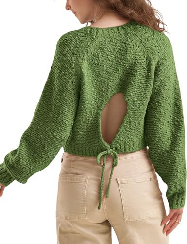 InterNos Women's Open Tie Back Pullover Sweater Popcorn Crew Neck Backless Bow Tie Knitted Crop Tops