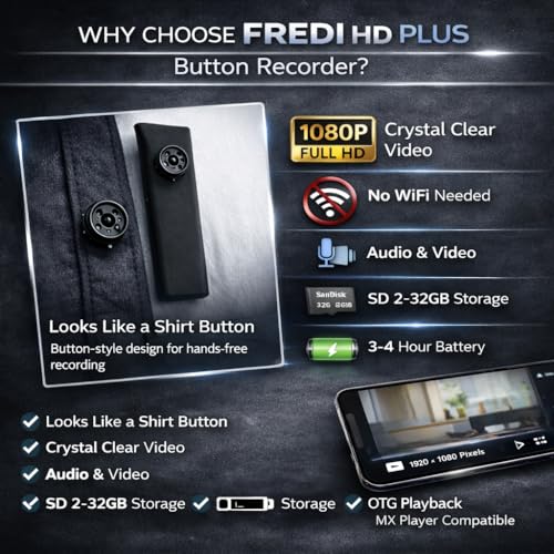 Image of FREDI HD PLUS Button Wearable Mini Cam, No WiFi No App Required, 1080P Video & Audio Recording, One Button Operation, Small Clip Device with Memory Card Support for Daily Use