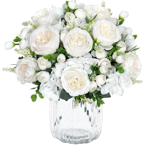 SOMYTING 2 Bündel Pfingstrose Künstliche Blumen Weiße Pfingstrose Blumenstrauß Kunstblumen Seidenpfingstrosen Blumensträuße für Hochzeit Partei Tischaufsätze Blumenarrangement Heim Dekor (Weiß)