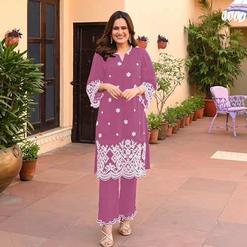 Image of BHARVITA Women's Cotton Lucknowi Embroidered Chikankari Work Straight Kurta with Pant Set for Every Occasion