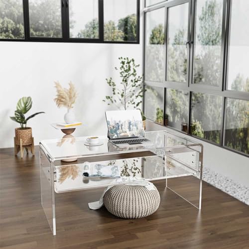 Image of MESAILUP 32inch Premium Clear Acrylic Rectangle Coffee Table with Storage Shelf for Living Room,Mid Century Transparent Waterfall Low Tea Table, Middle Size Table (32 inchx16 inchx16 inch) Fit for 2 Seat Sofa
