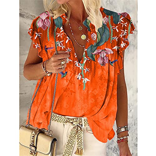 image for Janepam Women T-Shirt for Summer Tops Boho Flower Print Ruffle Short C