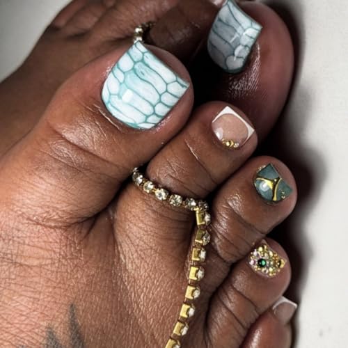 Image of Marble Press on Toenails Short Square Fake Toe Nails with Rhinestone Design Glossy Full Cover White French Tip Stick on Toenails for Women 24Pcs