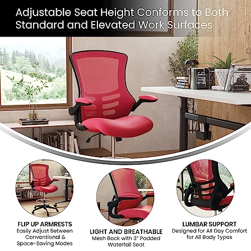 Image of Flash Furniture Kelista Mid-Back Swivel Office Chair with Adjustable Seat Height, Ergonomic Mesh Desk Chair with Flip-Up Armrests, Red