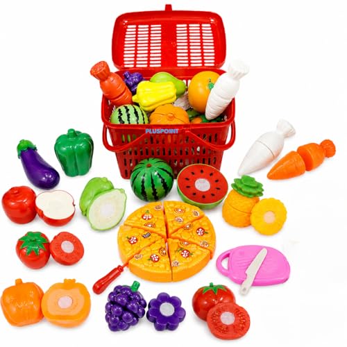 Image of PLUSPOINT 20 PCS Cutting Play Food Toy Set with Storage Basket | Sliceable Fruits, Vegetables & Pizza Kitchen Pretend Play Accessories with Cutting Board & Chopper | Role Play Toy for Boys & Girls