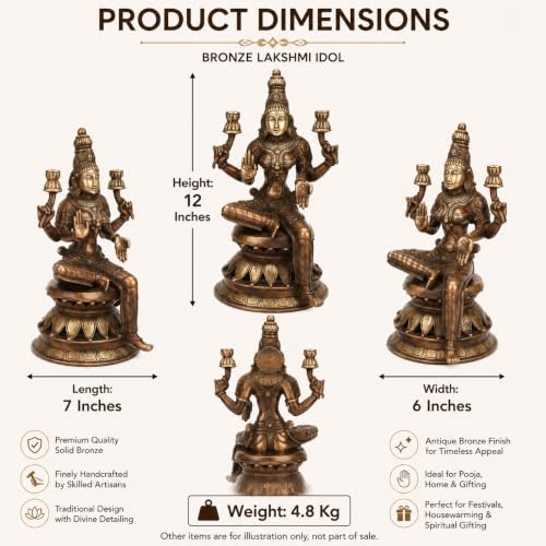 Image of Kartique Brass Lakshmi Idol on Lotus, 12 Inch for Home Temple (Bronze) | Handmade