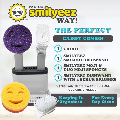 Image of The Original Smiling Handle with Soap Dispensing for Scrub Daddy (Reg. TM) Sponge and Scrub Moji Sponge, Smile Caddy, and 2 Scrub Mojis (White /Grey Wands)