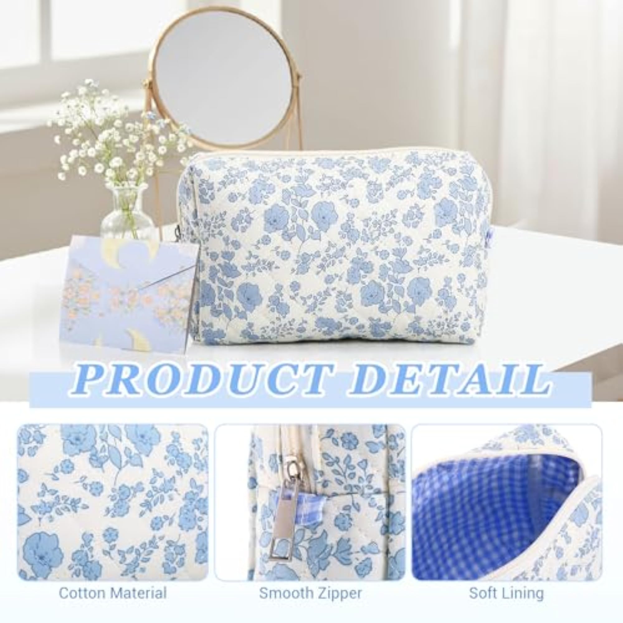 Small Quilted Sky Blue Makeup Bag, Cute Pouch