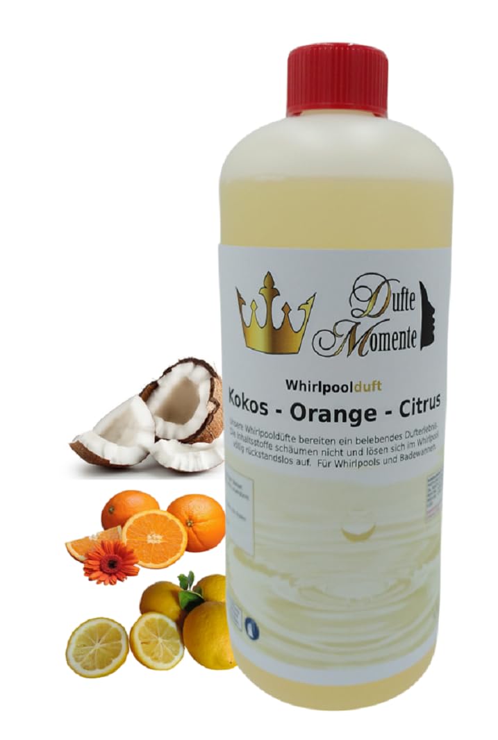 Dufte Momente | Whirlpool Duft 1 Liter | Kokos - Orange - Citrus | mit naturreinen und natürlichen ätherischen Ölen | kein Schaum | vegan und ohne Tierversuche