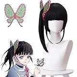 abouder Tsuyuri Kanao Wig with Butterfly Clips Demon Slayer Cosplay Wig Kimetsu no Yaiba Costume Wig Black Wigs for Halloween Anime Fans