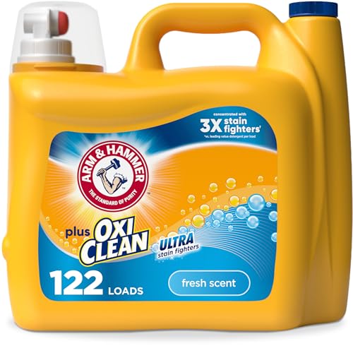 ARM & HAMMER Plus OxiClean Ultra Stain Fighters Liquid Laundry Detergent, Stain Remover for Clothes, Fresh Scent, 122 Loads, 158.6 Fl Oz