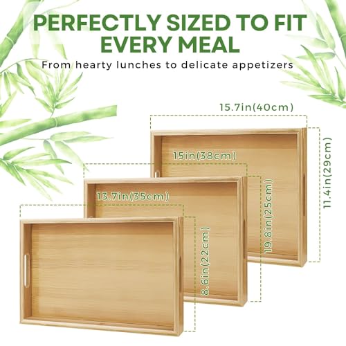 Flexzion Bamboo Trays for Serving Food - 3 Pack Bamboo Wooden Serving Trays with Handles - Rectangular Bamboo Food Tray Set (Large, Medium, Small) for Breakfast, Lunch, Dinner, Snack, Party, Bed - Image 6