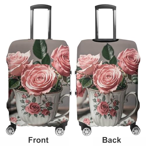 Tea Cups with Roses Romantic Shabby Luggage Cover, Washable Elastic Suitcase Cover Protector Fit 18-32 Inch Luggage3