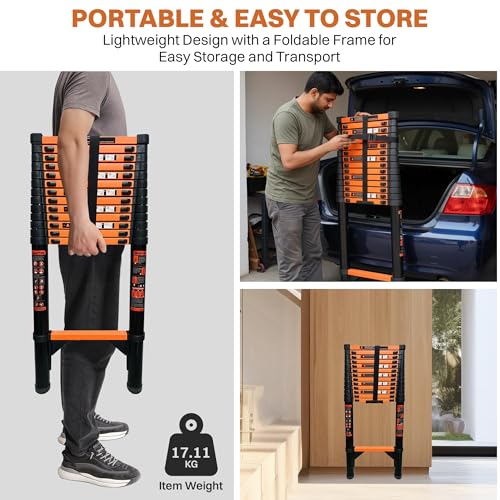 Image of BonKaso Telescopic Ladder 5.5m (18 Ft), 14 Steps | Heavy-Duty Foldable Alloy Steel Ladder with Anti-Slip Steps, 150kg Load Capacity, Rustproof, EN131 Certified | Matt Black & Orange