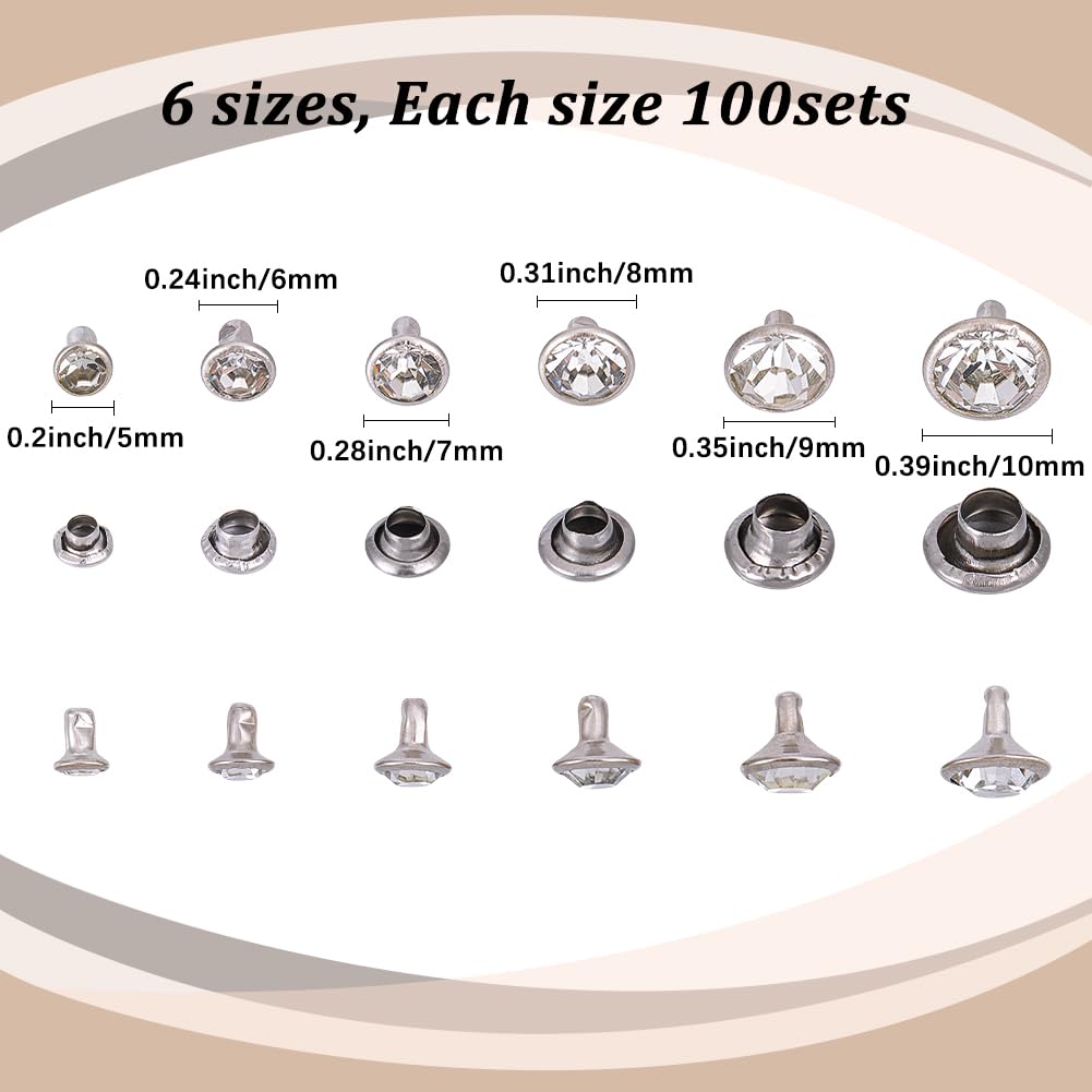 600 Set di 6 Misure di Rivetti Trasparenti con Strass Kit di Rivet | con Cacciavite In Ferro Ottone Platino Doppi Cappucci Borchie Rotonde In Cristallo Punk Rock Metallo per Abbigliamento Tessut