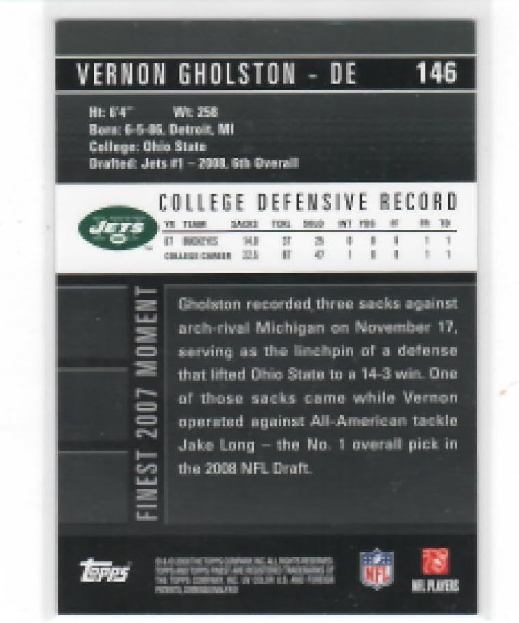 2008 Finest Autographs #146 Vernon Gholston/150 - New York Jets (RC ? Rookie Card - Autographed Card - Print Run 150)