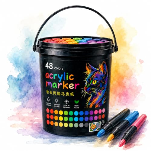 Image of SMILE Professional 48 Colors Acrylic Marker Pen Set - Multi Surface Paint Pens for Rock, Glass, Canvas, Wood, Ceramic, DIY Craft & School Projects