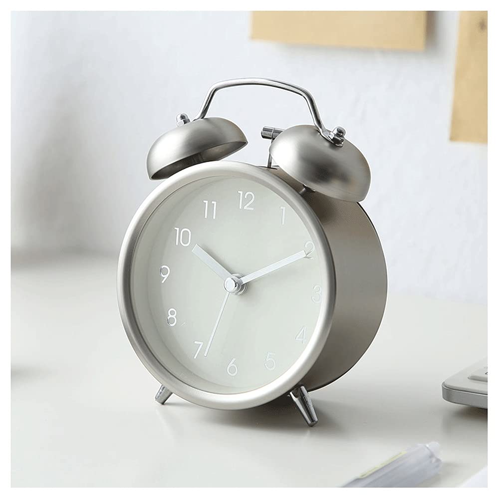 Budzik w stylu retro, metalowy bardzo głośny, staromodny, ładny, okrągły, przenośny, cichy budzik mechaniczny, odpowiedni do sypialni, gabinetu (kolor: różowe złoto) (srebrny)
