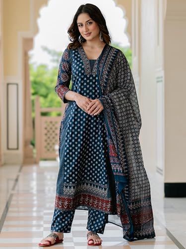 Image of Arayna Women's 100% Pure Cotton Printed Ethnic Suit | A-Line Kurta Set with Pant & Dupatta